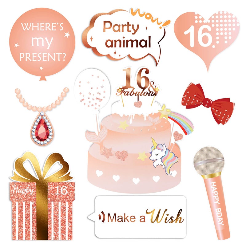 Konsait Rose Gold 16 Birthday Photo Booth Kit(30count), Sweet 16 Props Funny Chic Sweet Sixteen Photo Props with Sticks for Girls 16th Happy Birthday Party Favors Supplies Bday Party Decorations - Image 3